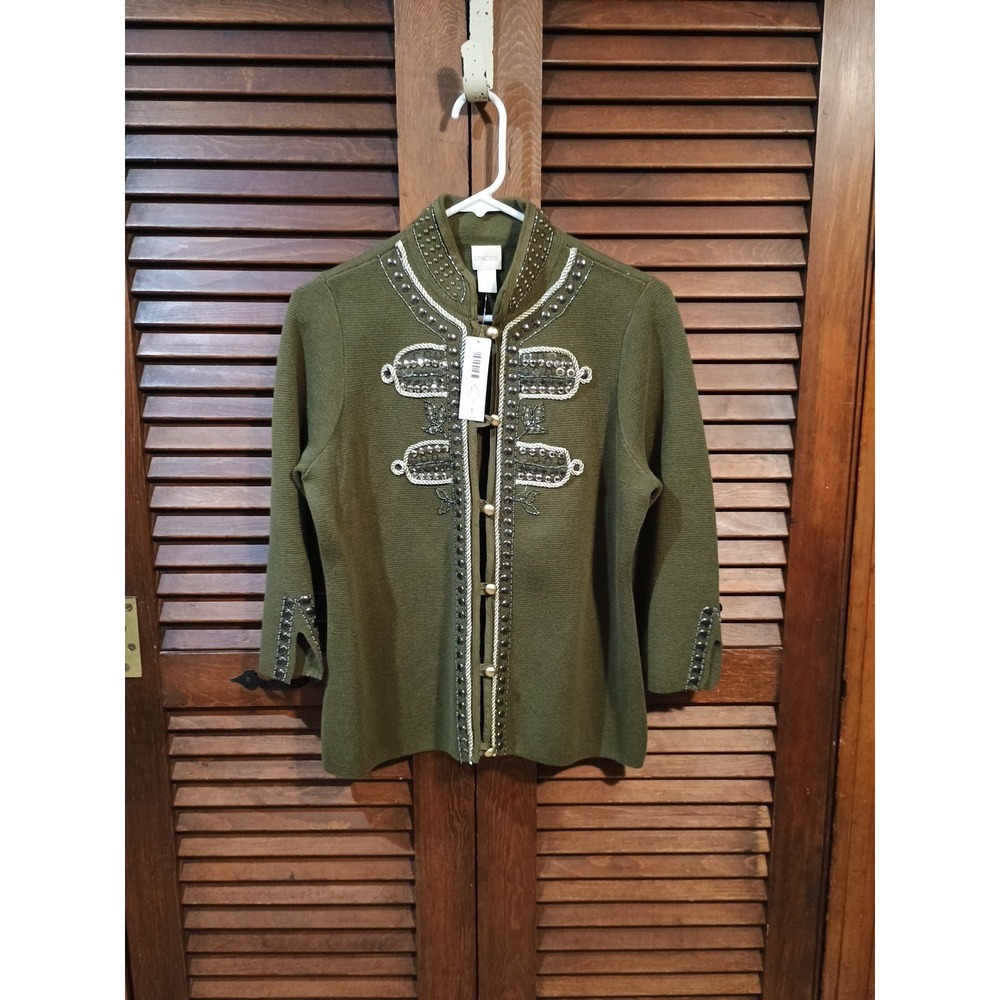NWT Chico's Women's Green Embellished Jewel Stud‎ Military Cardigan SZ 1  Medium